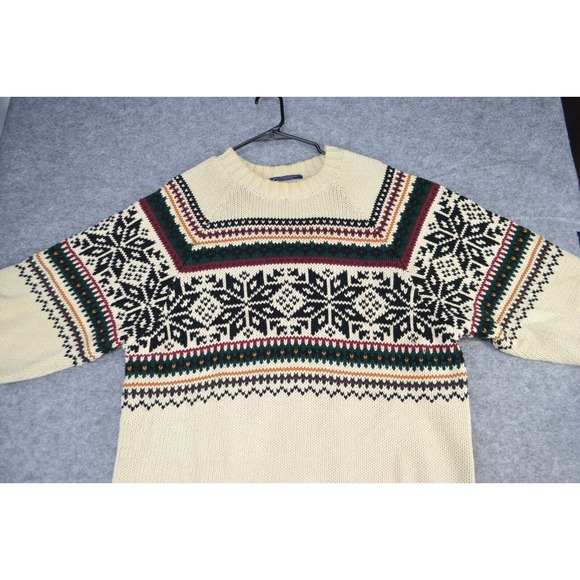 Vintage Tommy Hilfiger Sweater Mens L Ivory Cable Knit Cotton Crewneck Snowflake - Picture 4 of 14